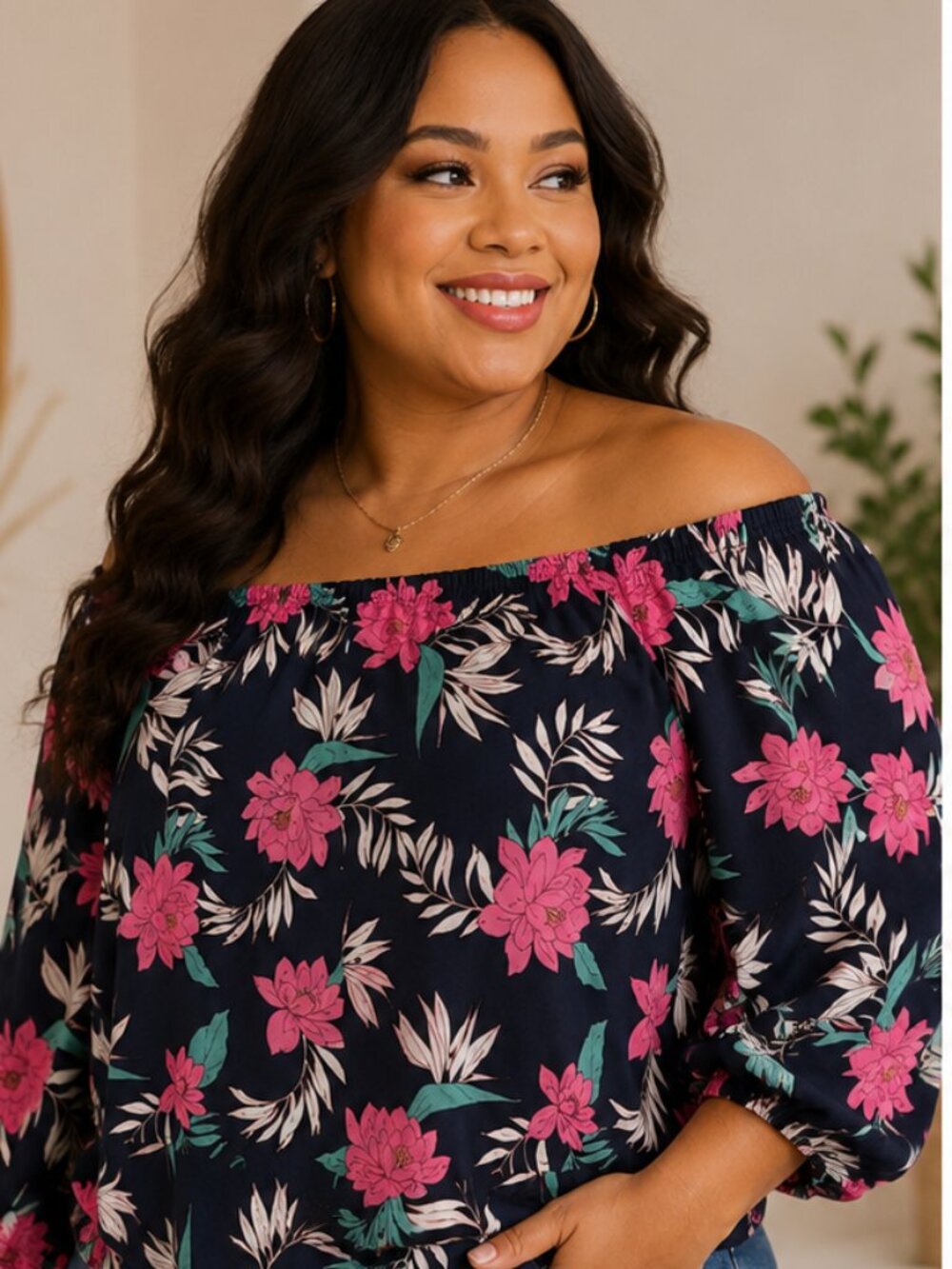 Navy Tropical Off-the-Shoulder Blouse | Floral Peasant Top | Plus Size 3XL